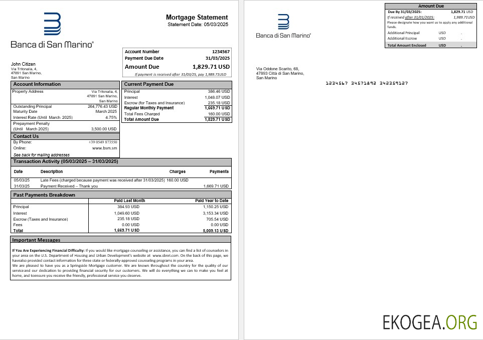 Relevé hypothécaire de San Marino Banca di San Marino aux formats Word et PDF